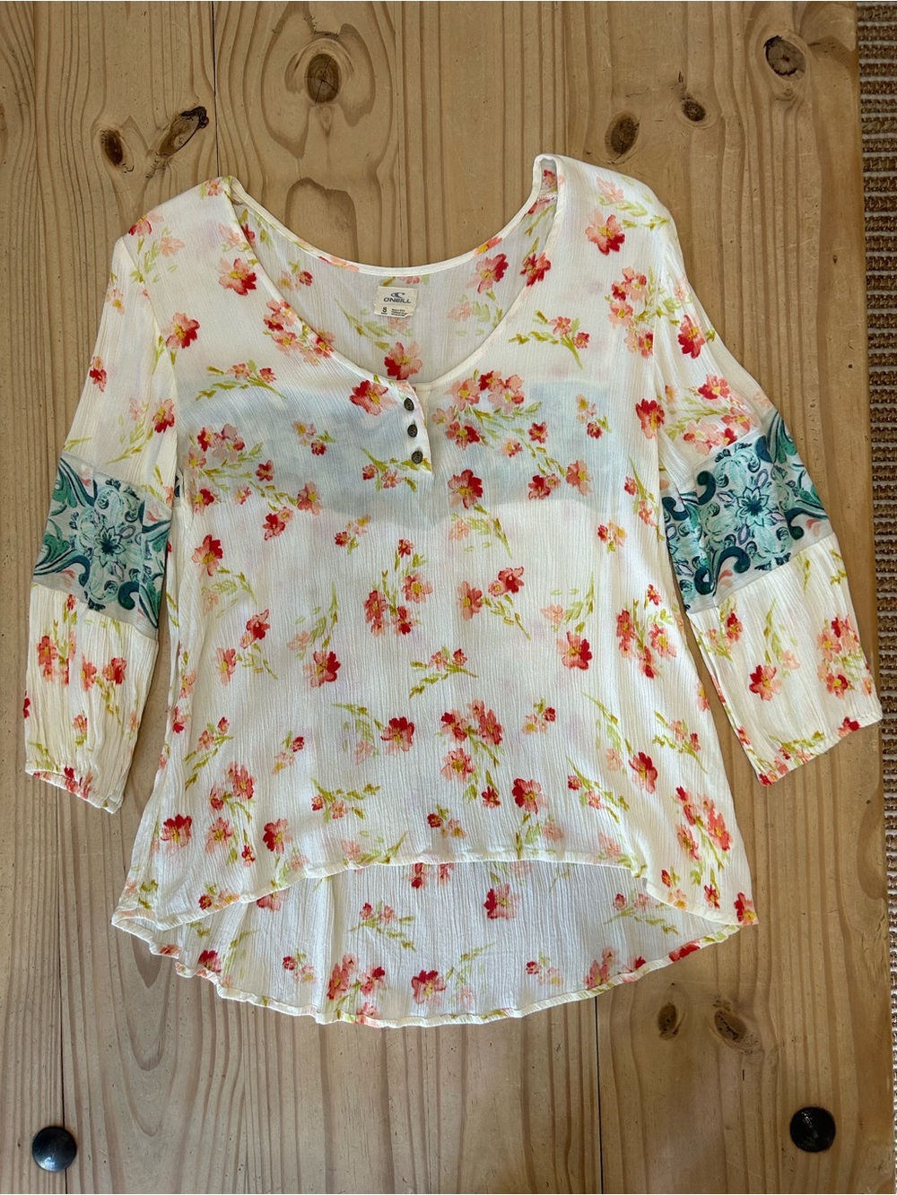O'Neill Cream Floral V-Neck Blouse with Teal Sleeve Panels